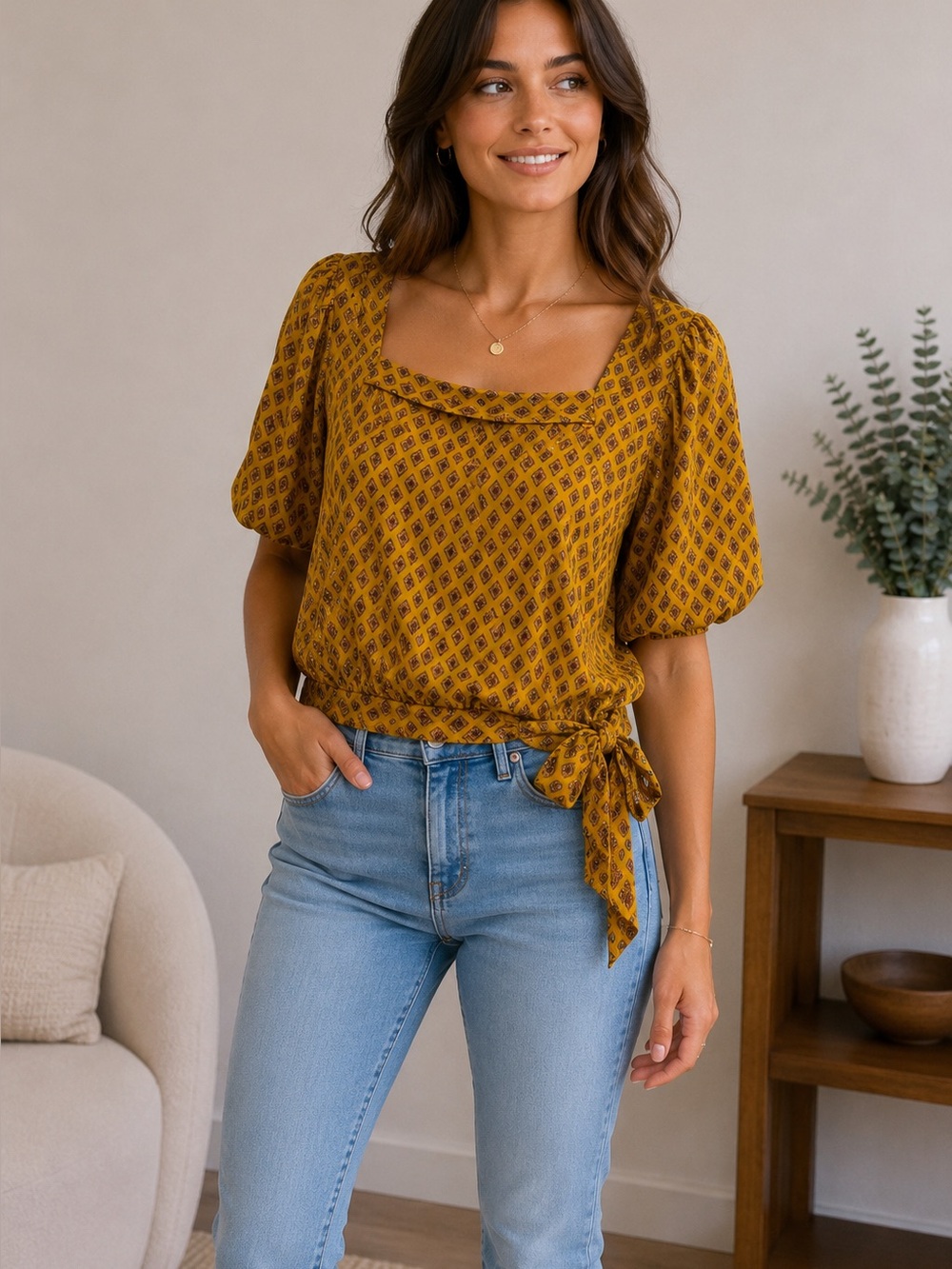 June & Hudson by Anthropologie square neck, puff sleeves, side tie size large